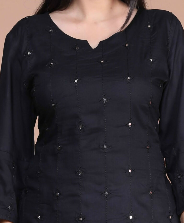 Miravan Women's Black Embroidered And Mirror Work Pakistani Straight Kurti | Grocsy