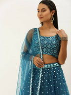 House of Panchhi Teal Net Sequinse Work Lehenga & Blouse, Dupatta | Grocsy