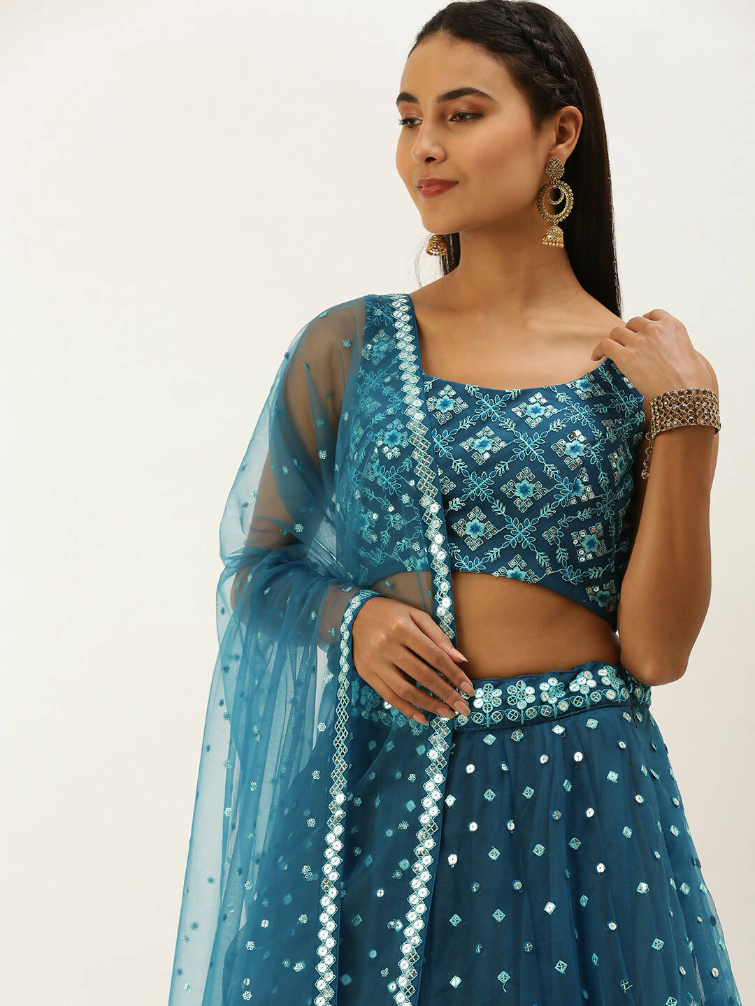 House of Panchhi Teal Net Sequinse Work Lehenga & Blouse, Dupatta | Grocsy