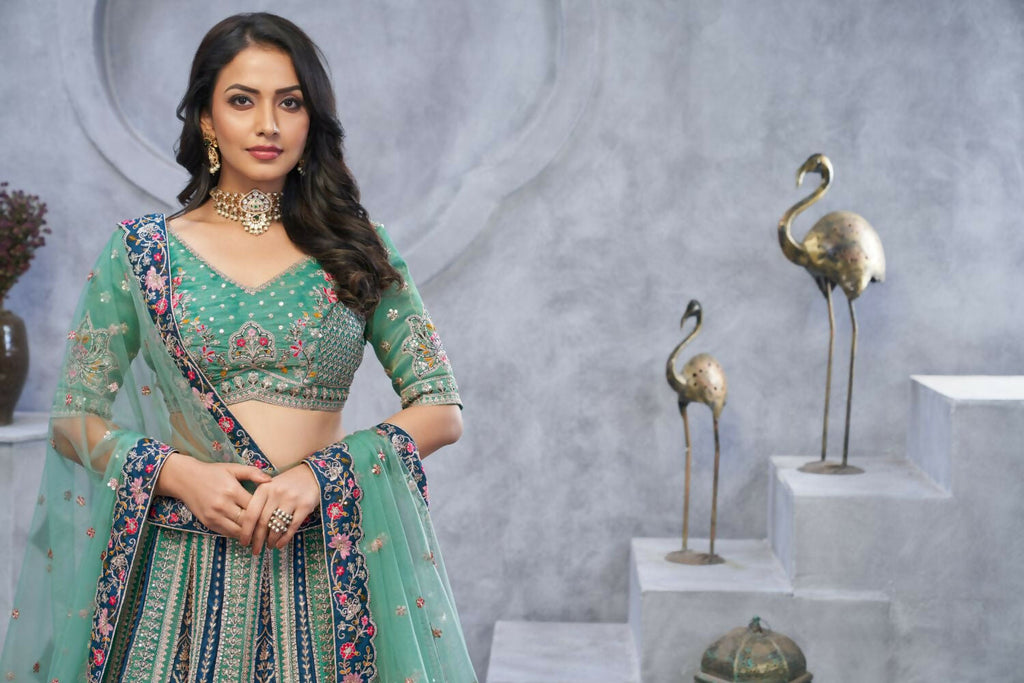 Kesar Fab Green Organza Embroidered Lehenga | Grocsy
