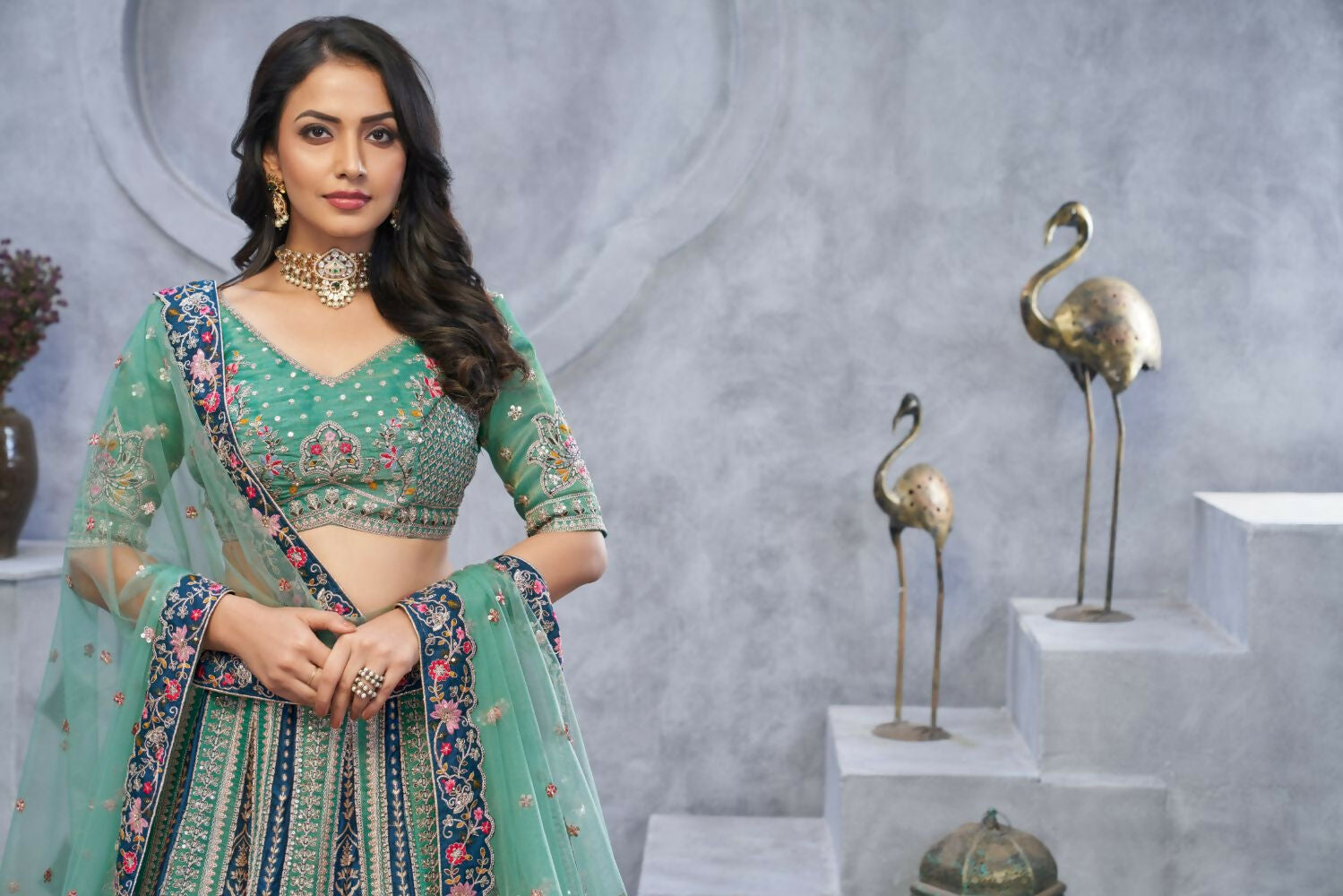Kesar Fab Green Organza Embroidered Lehenga | Grocsy