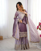 The52 Women's Beautiful Chinon silk Fabric Embroidery Work Straight Kurta Palazzo and Dupatta Set | Grocsy