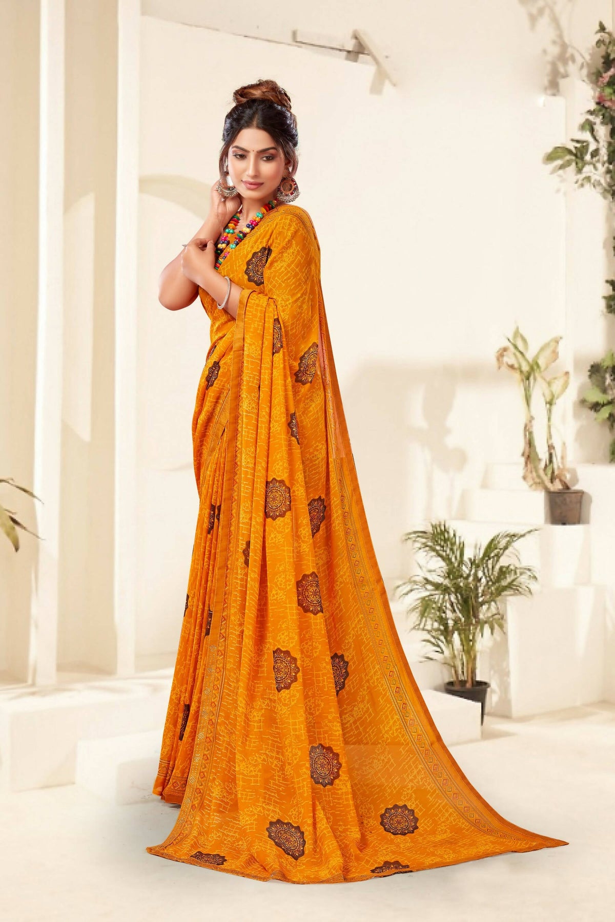 Mustard Georgette Texture Printed Saree with Unstitched Blouse Piece - Akansha | Grocsy