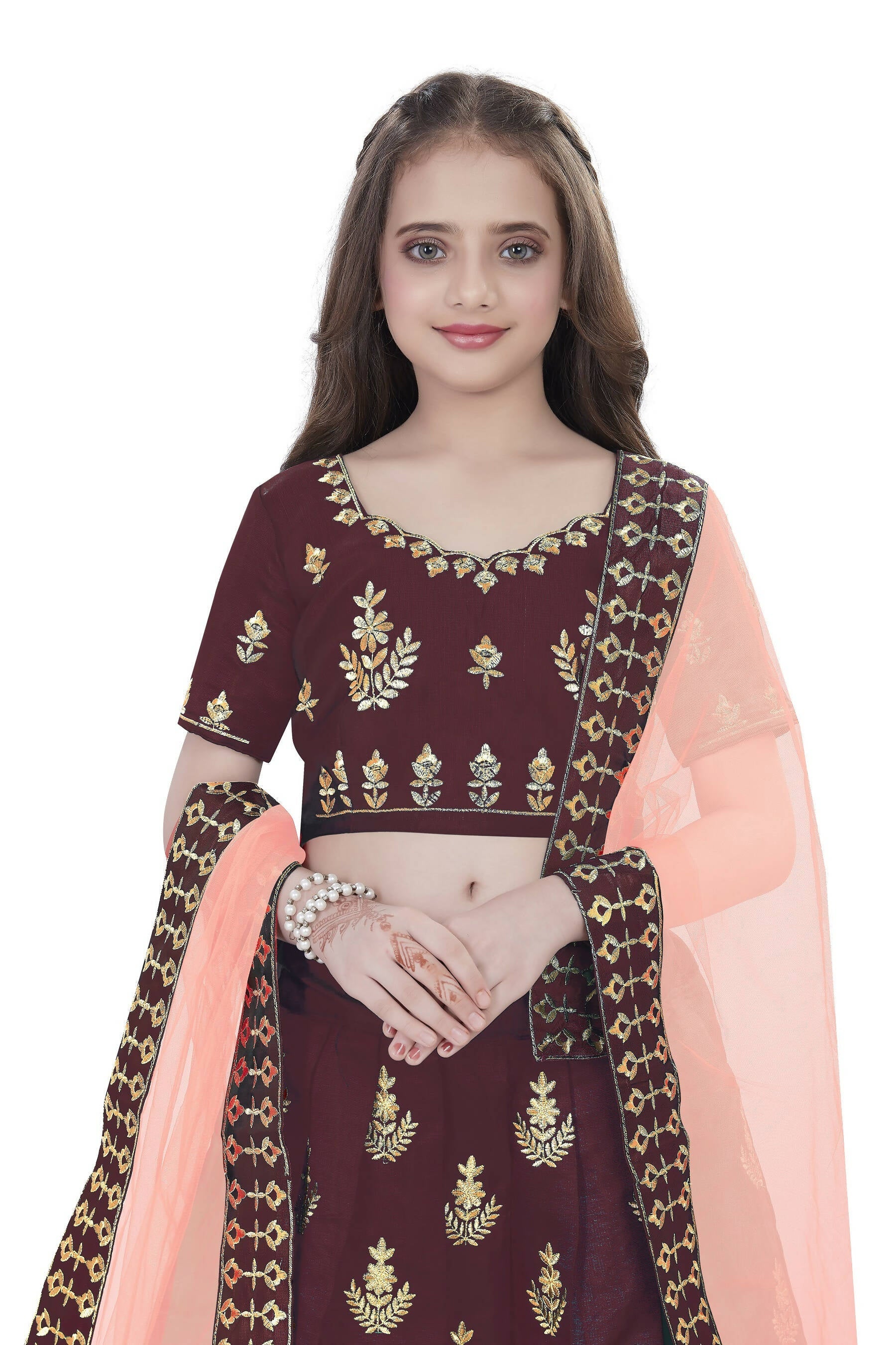Dwiden Maroon Kamal Tafetta Sattin Semi-Stitched Girl's Lehenga Choli | Grocsy