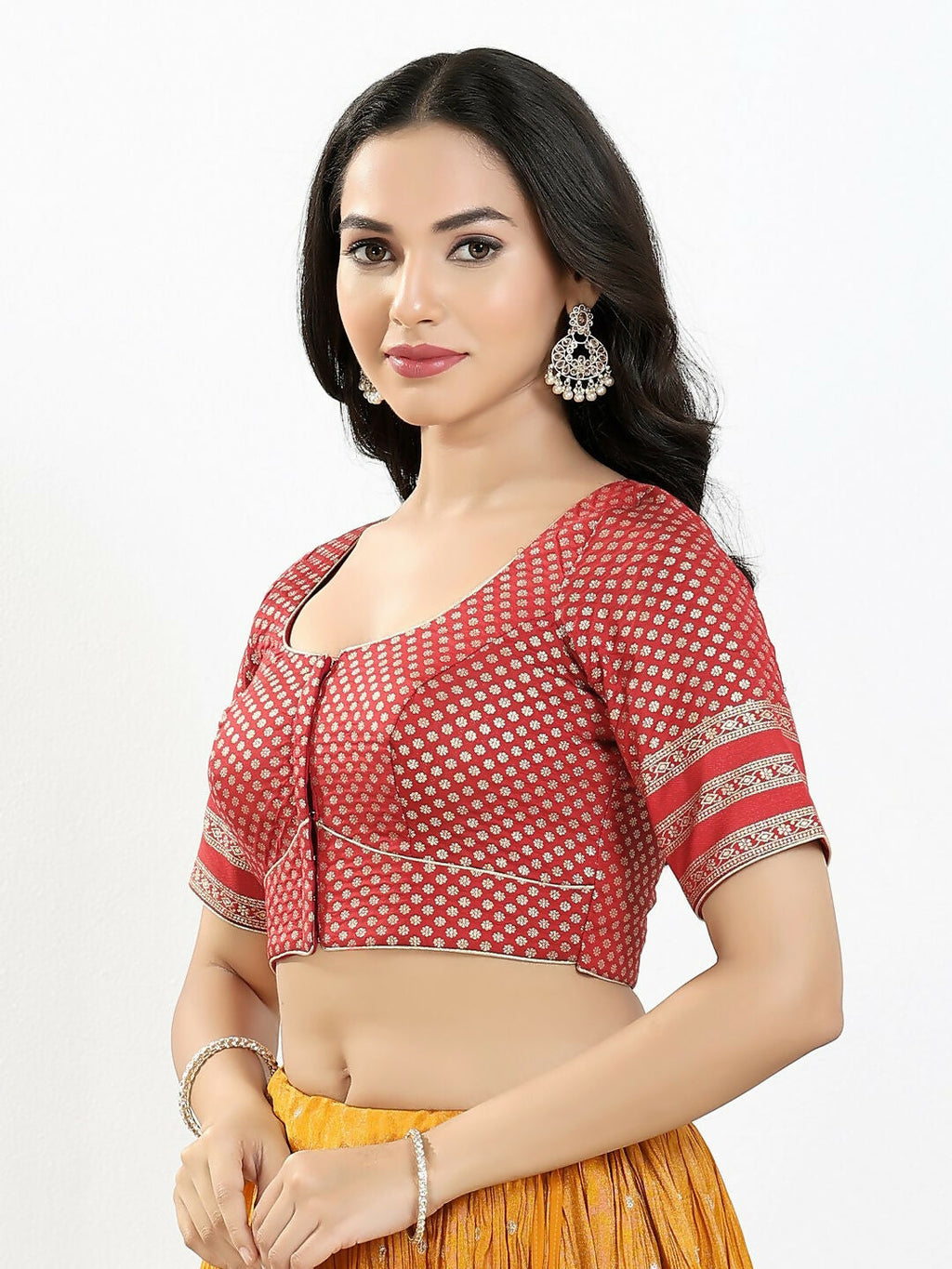 Joban Fashion Maroon Brocade Padded Blouse With Round Neck Elbow Sleeves | Grocsy