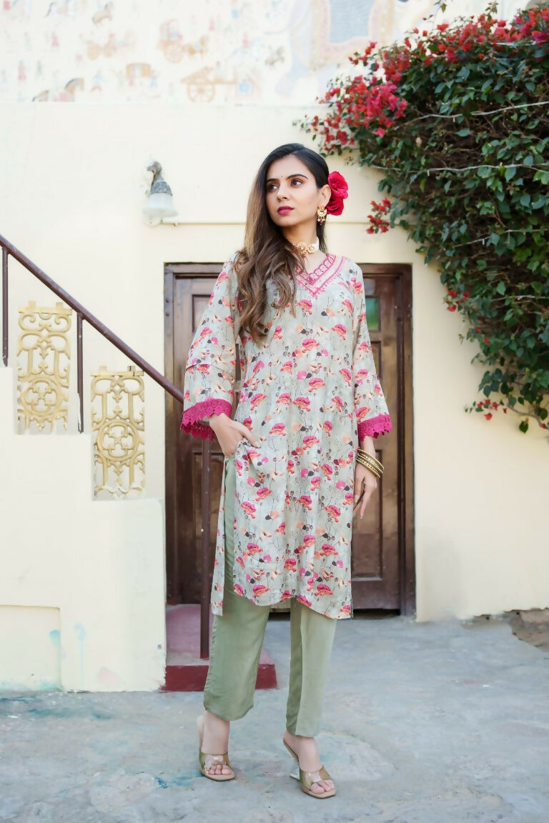 Vaasva Women Pista Green Muslin Embroidered Kurta & Pant Set | Grocsy