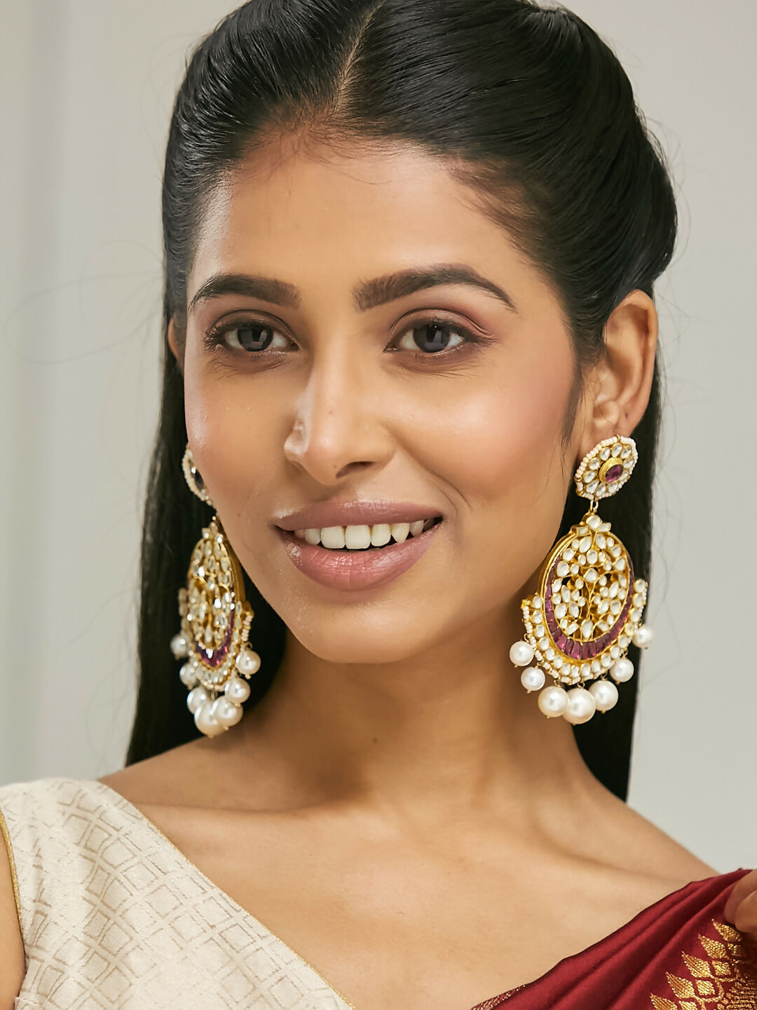 Nuyug 22K Gold-Plated Elegant Ruby & Kundan Stone Studded With Pearl Beaded Floral Chandbalis | Grocsy