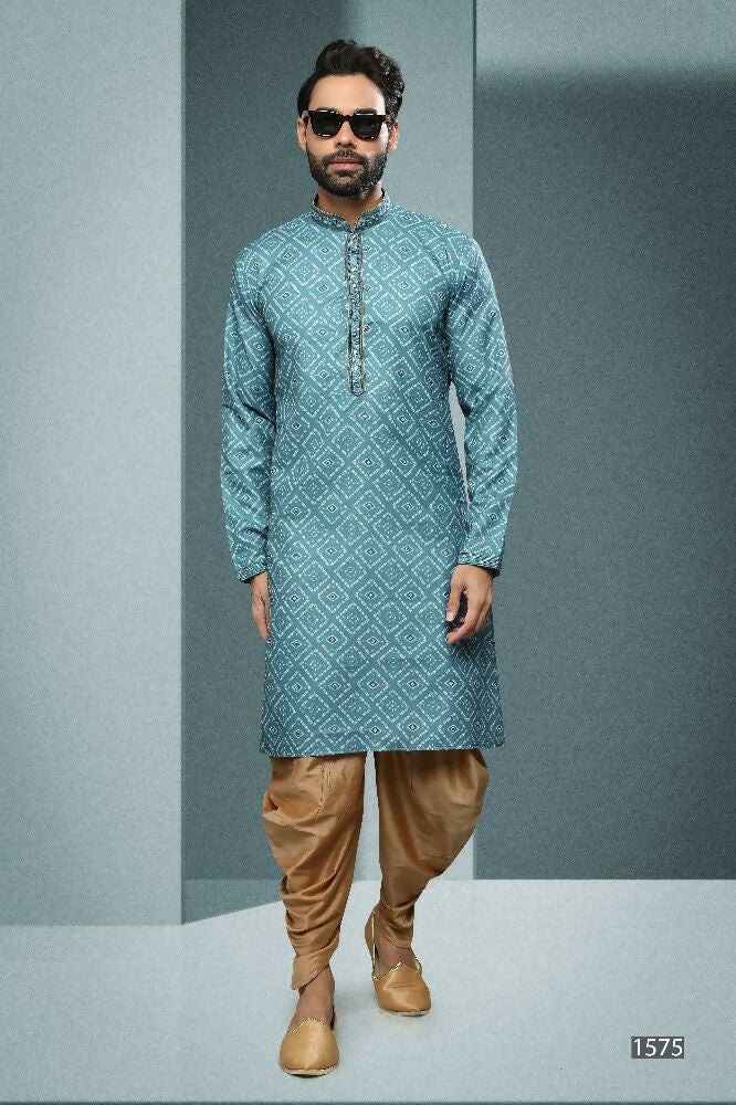 Raivat Ethnic Cotton Digital Print Mirror Work Kurta Pajama In Sky Blue Colour | Grocsy
