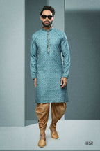 Raivat Ethnic Cotton Digital Print Mirror Work Kurta Pajama In Sky Blue Colour | Grocsy
