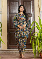 Kaajh Women's Blue Floral Printed Viscose Rayon Kurta Pant Set | Grocsy