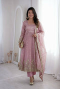 Teeya Creation Womens New Latest Trendy Elegant Baby Pink Embroidered Anarkali Suit Set with Scalloped Dupatta | Grocsy