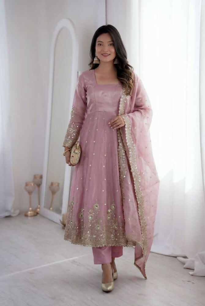 Teeya Creation Womens New Latest Trendy Elegant Baby Pink Embroidered Anarkali Suit Set with Scalloped Dupatta | Grocsy
