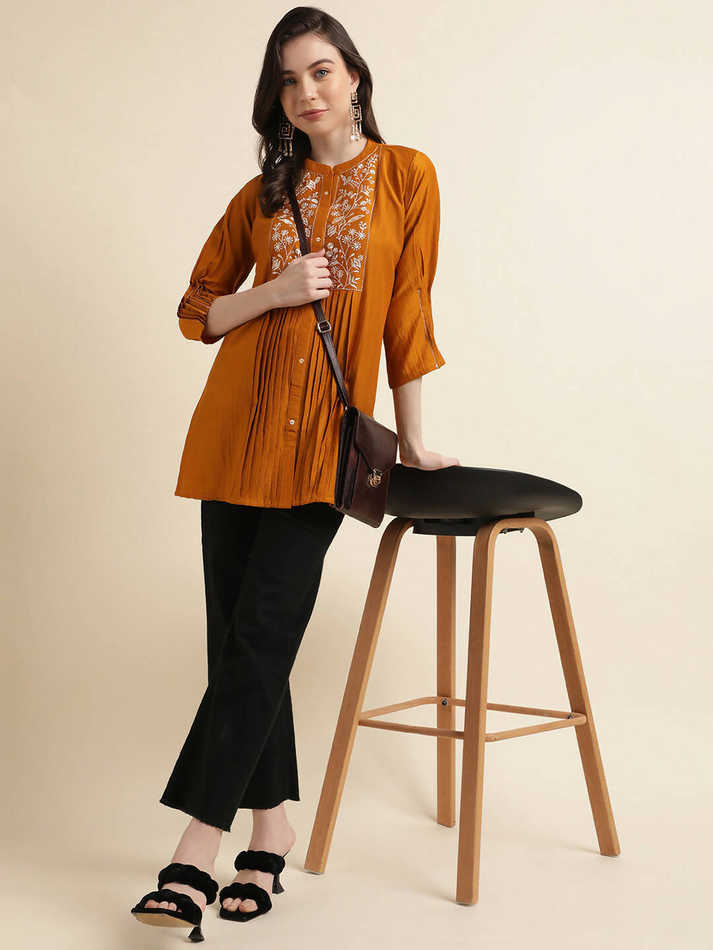 Mustard Chinon Yoke Embroidered A-line Top - Tarini | Grocsy