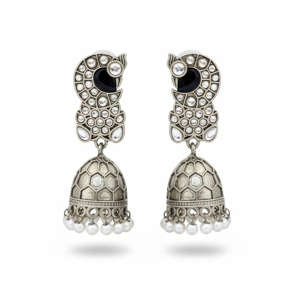JS Fashion Clustered Pearl Fancy Oxidised Silver Jhumka Earrings for Women & Girls | Grocsy