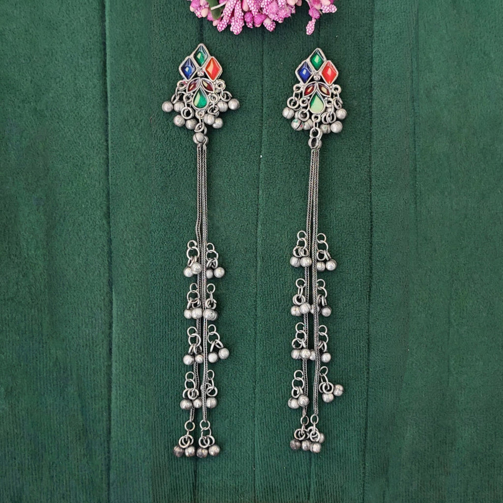 JS Fashion Oxidized Silver Long Multicolor Ghungroo Earrings for Women & Girls | Grocsy