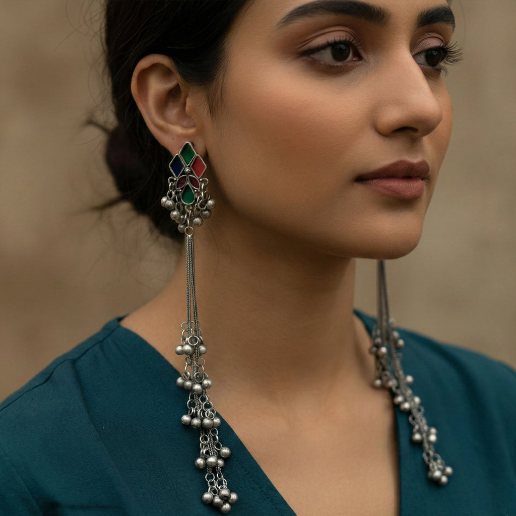 JS Fashion Oxidized Silver Long Multicolor Ghungroo Earrings for Women & Girls | Grocsy