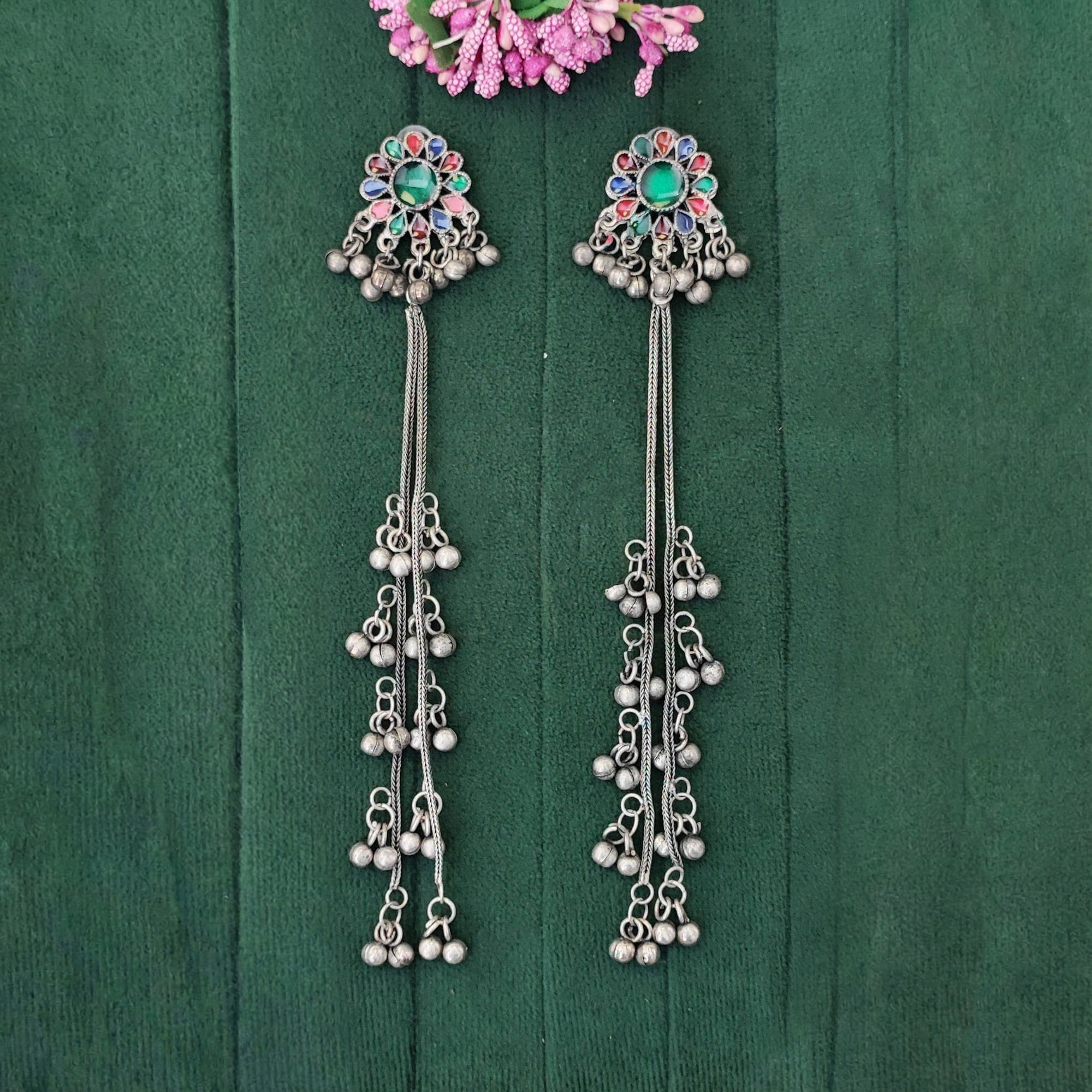 JS Fashion Boho Oxidized Long Earrings with Color Stones for Women & Girls | Grocsy