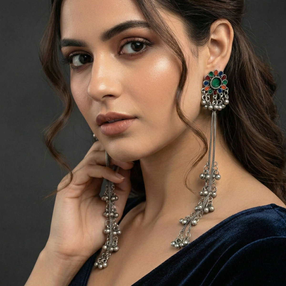 JS Fashion Boho Oxidized Long Earrings with Color Stones for Women & Girls | Grocsy