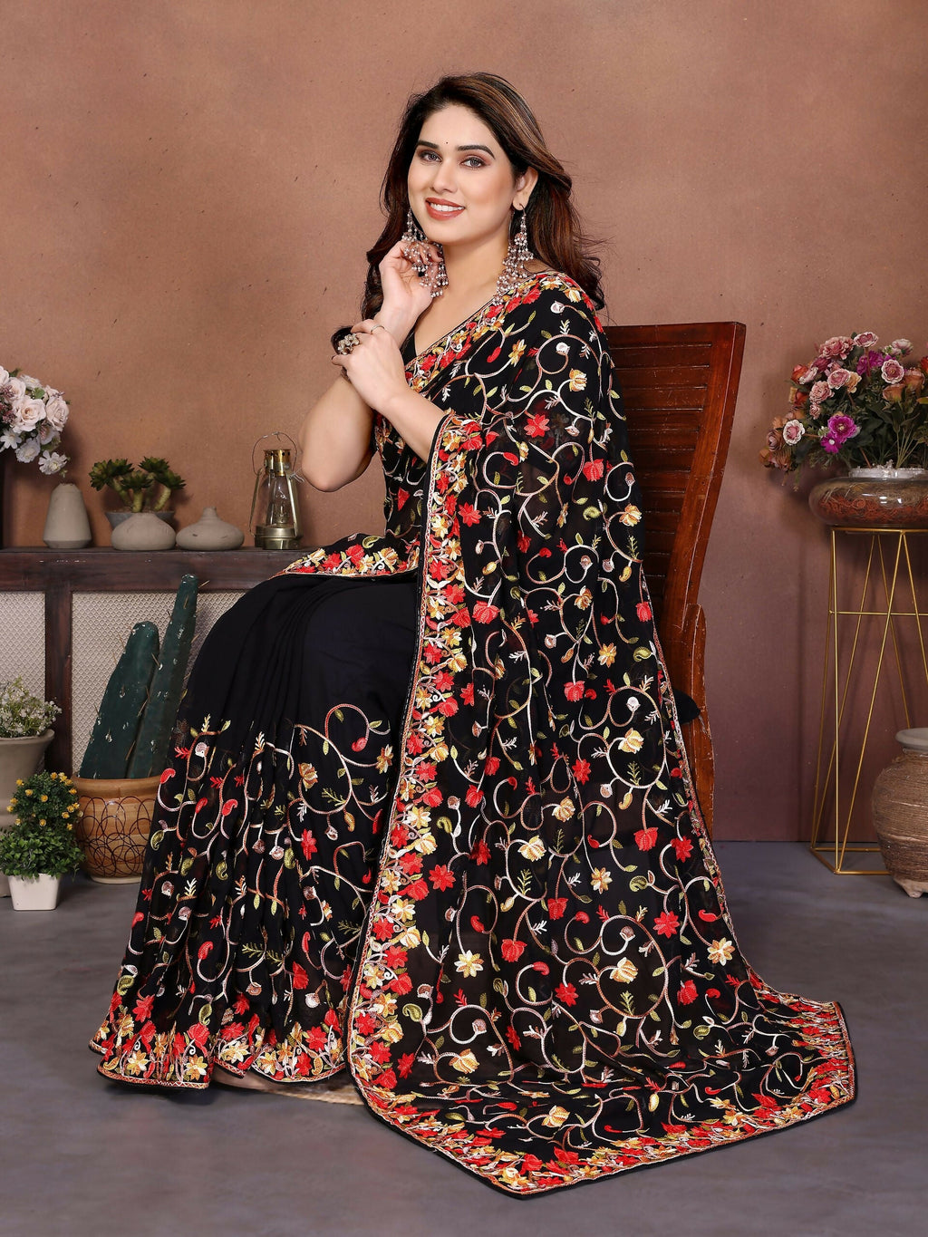 Teeya Creation New Womens Latest Wedding Wear Georgette Saree-Black | Grocsy