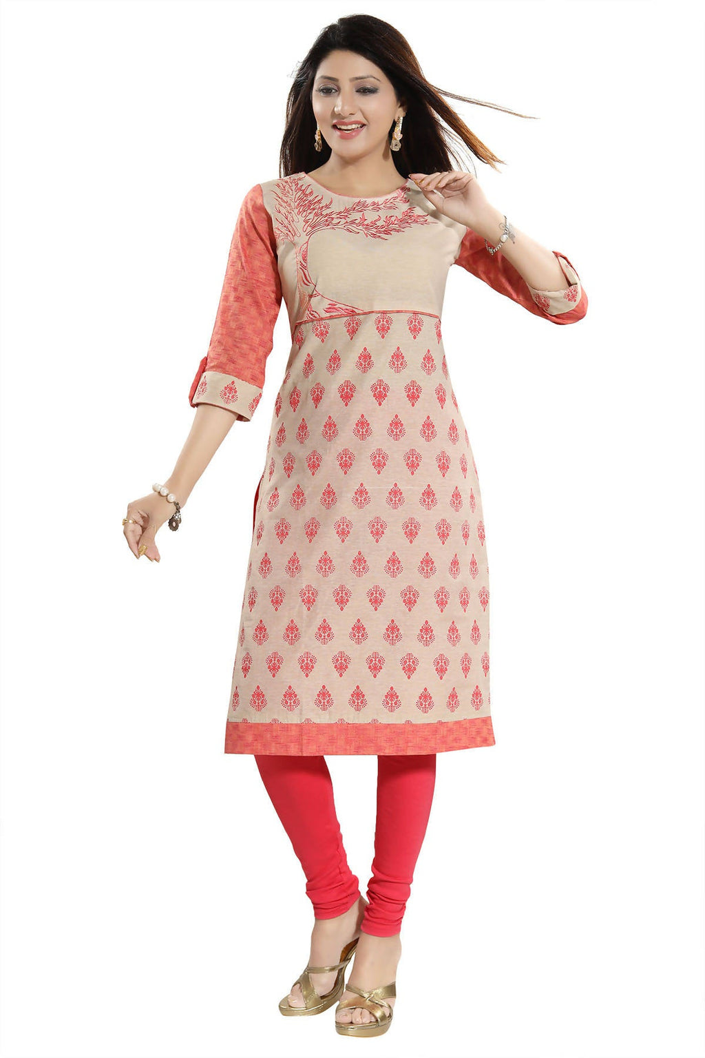 Snehal Creations Flamboyant Tomato And Beige Cotton Printed Tunic | Grocsy