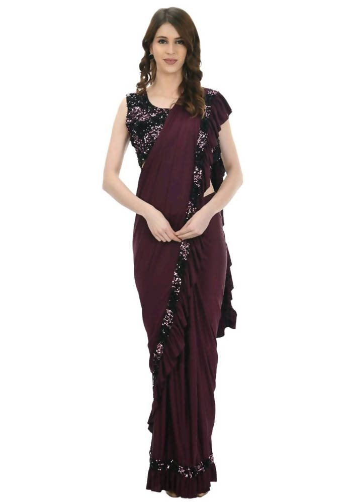 Mominos Fashion All Season Wear Wine And Black Colour Ruffled Ready To Wear Saree | Grocsy