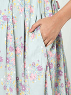 Manet Three Fourth Maternity Dress Pink Floral Print With Concealed Zipper Nursing Access - Green | Grocsy