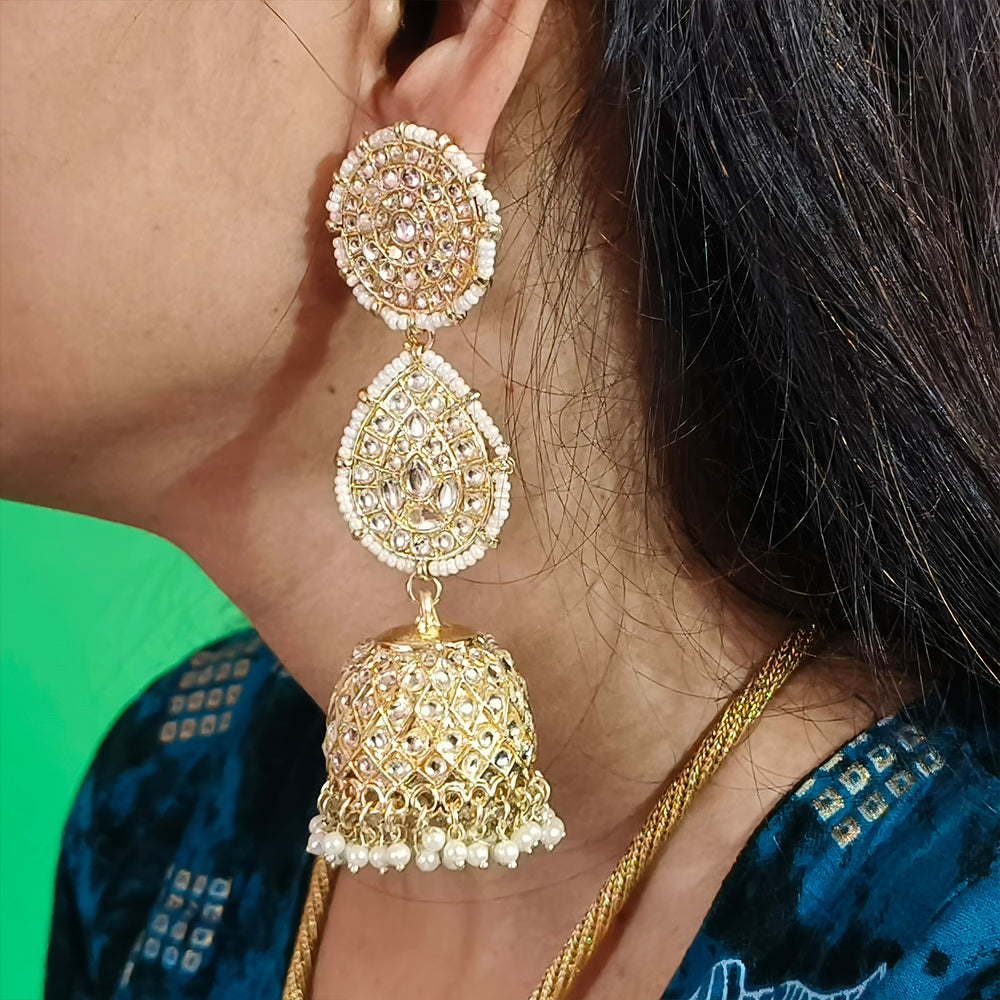 JS Fashion Antique High Gold Earrings with Clustered Pearls & Full Stones – Elegant Party Wear Jewelry for Women | Grocsy