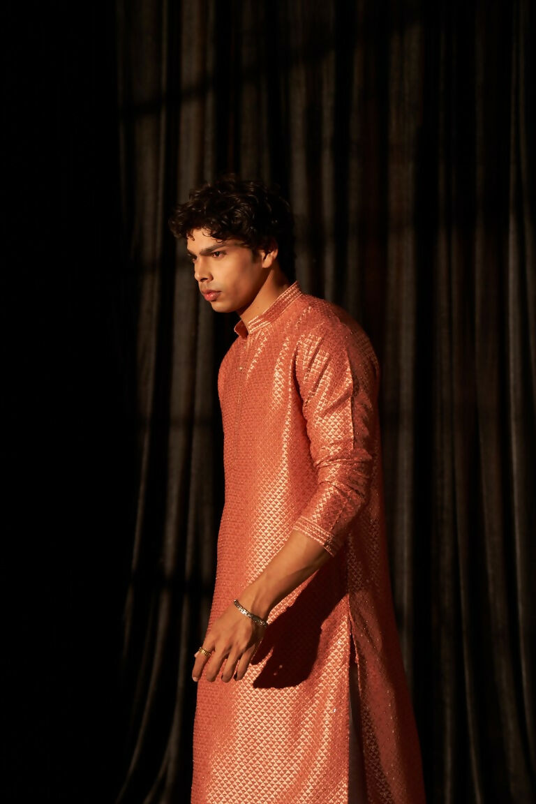 Red viscose Chikankari Embroidery Work Men's Traditional Kurta Set - Mahotsav | Grocsy