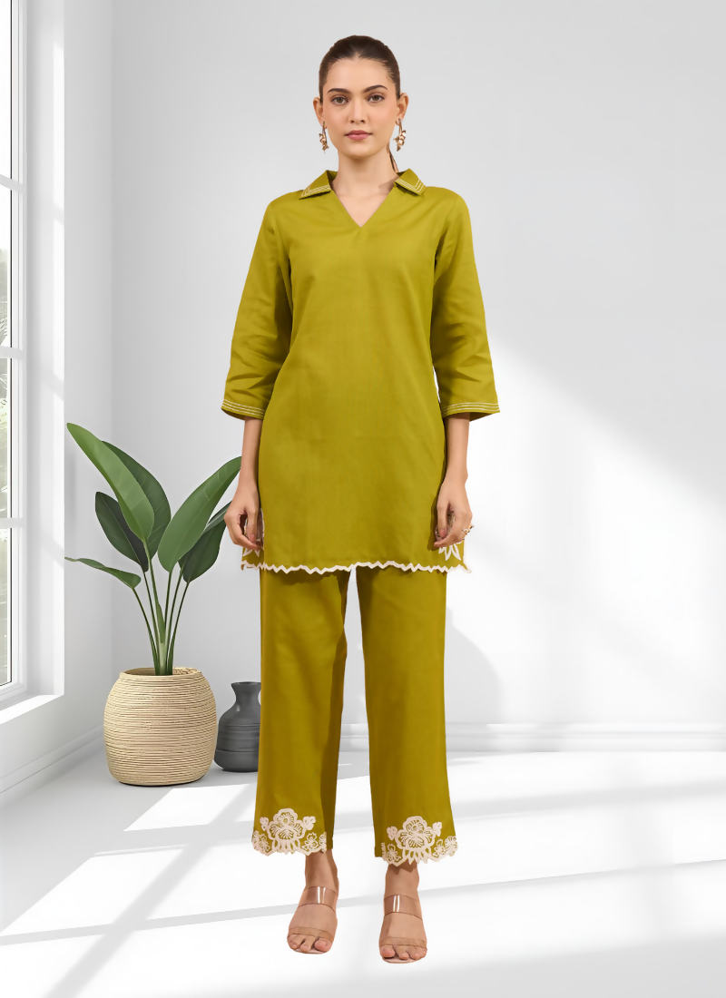Joban Fashion Green Cotton, Linen Embroidered Readymade Cord Set | Grocsy