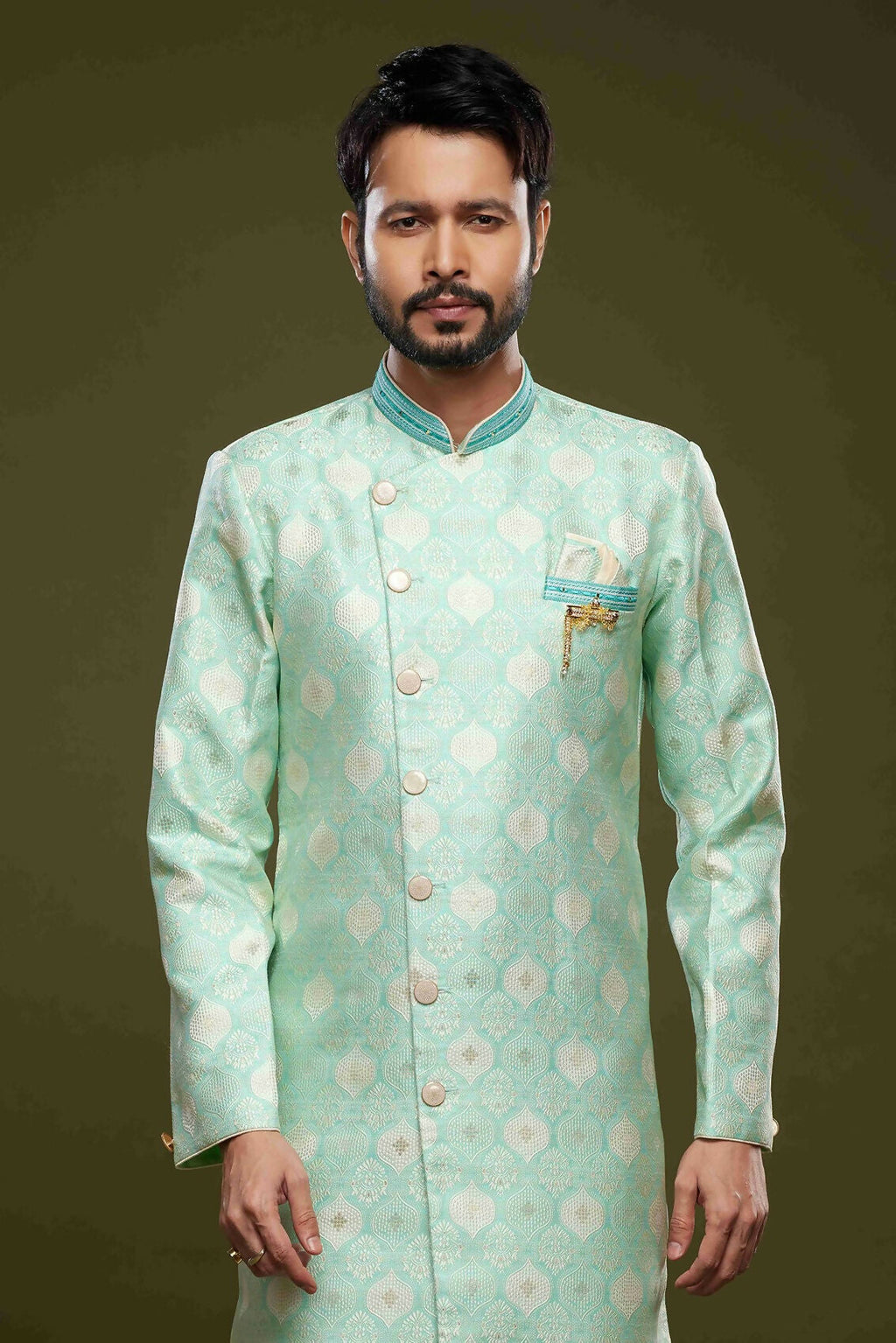 Raivat Ethnic Banarasi Jacquard Embroidery Semi Indo Western Sherwani In Pista Green Colour | Grocsy