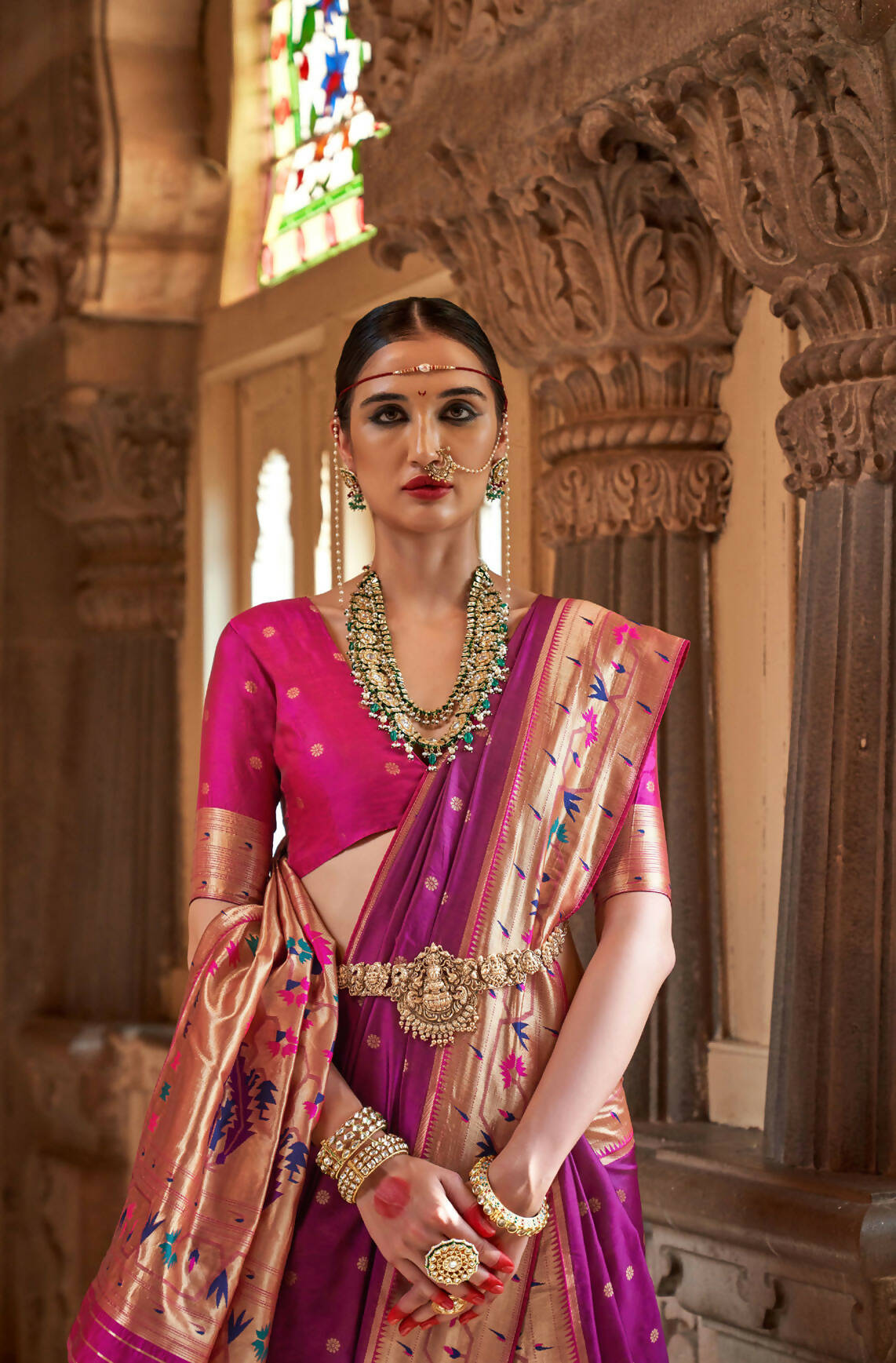 Mulberry Wood Purple Soft V.P. Silk Magnum Finish, Weaving, Golden Zari Paithani Silk Saree - Rath Kadampalli | Grocsy