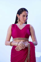 Pink Satin Chiffon Solid Designer & Lace Work Saree - Samaa | Grocsy
