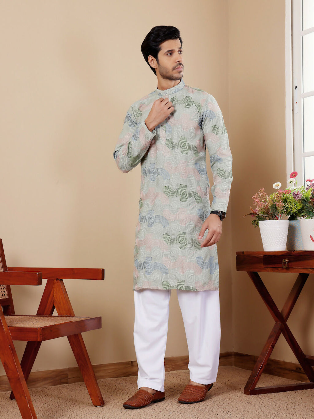 Pistel Green Linen Designer Embroidery Work Men's Rajwadi Kurta Set - Mahotsav | Grocsy
