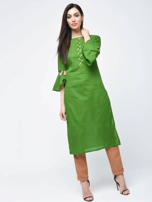 Aniyah Cotton Criss Cross Bell Sleeves Straight Kurta In Green (AN-101A) | Grocsy