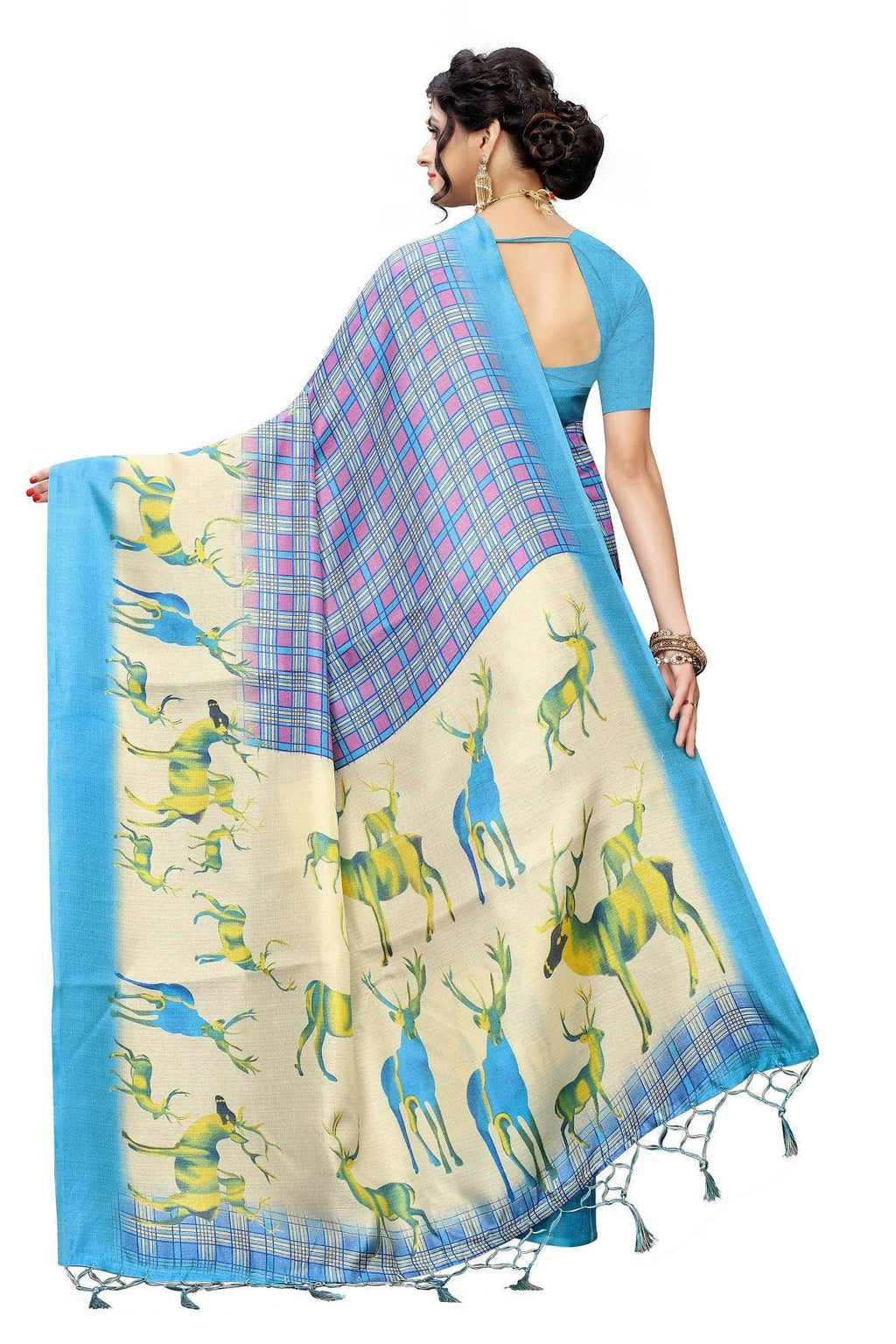 Vamika Multicolor & Sky Blue Kalamkari With Jhalar Khadi Silk Saree | Grocsy