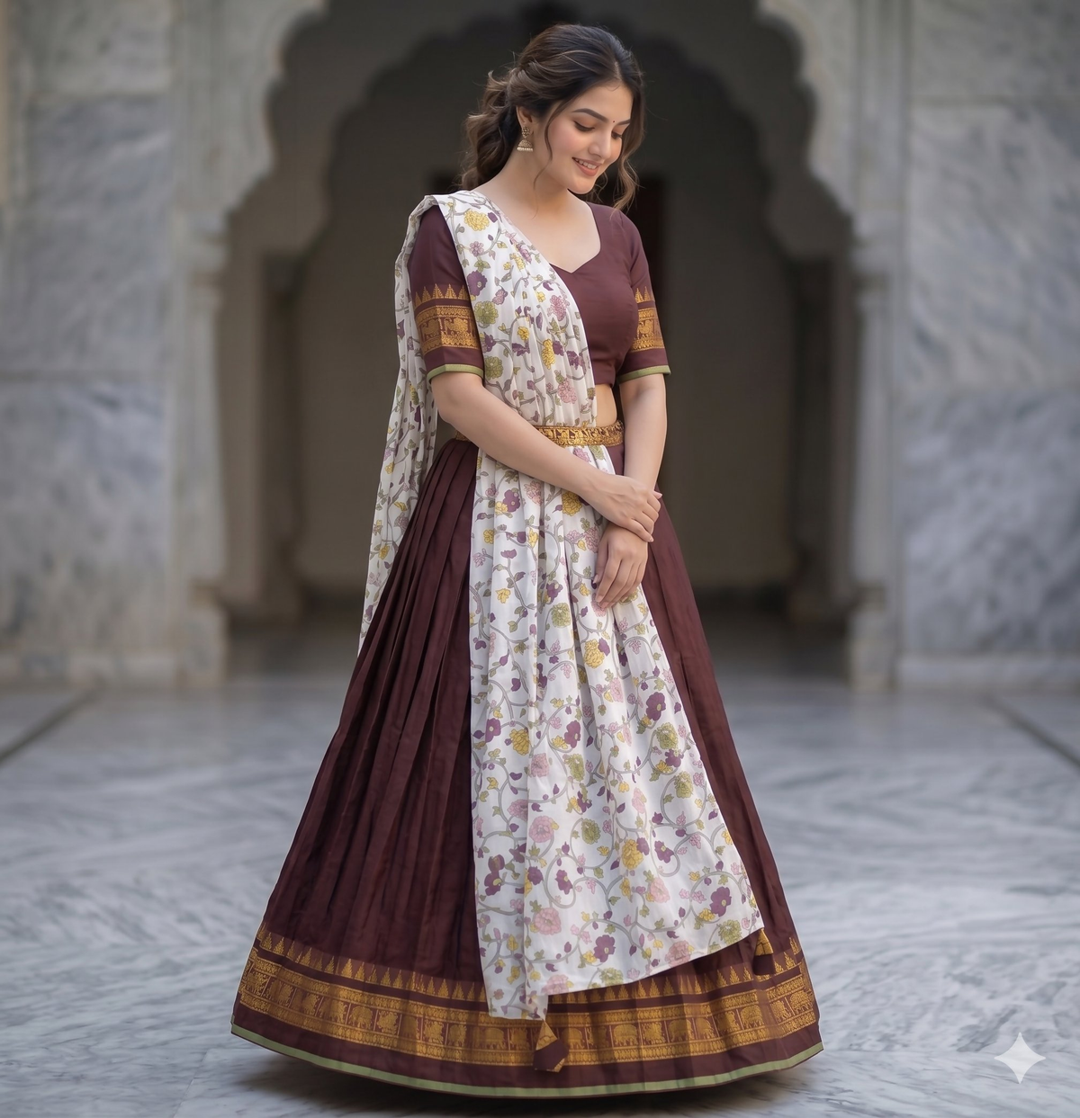 Teeya Creation Womens New Trendy Brown Traditional Pleated Lehenga Choli Set with Floral Printed Dupatta and Contrast Zari Border Set | Grocsy