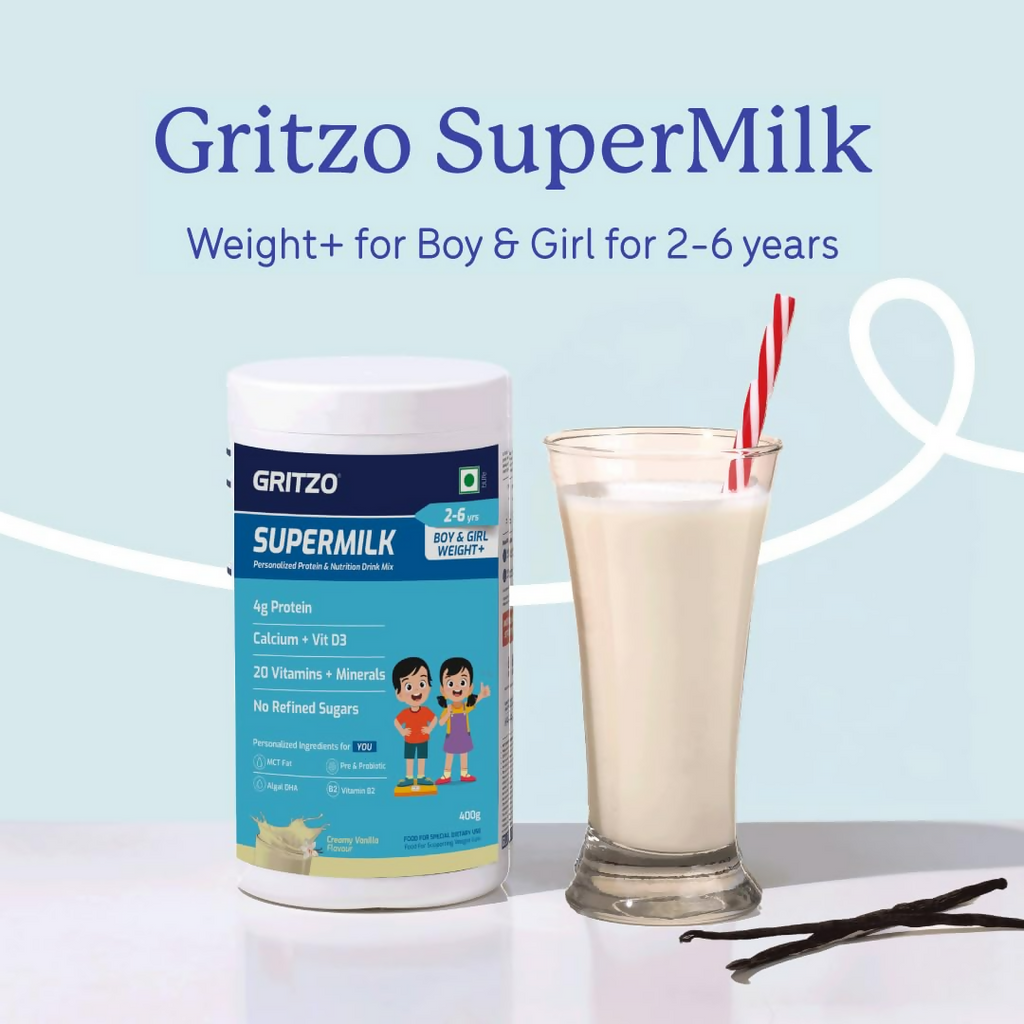 Gritzo SuperMilk Weight+ (2-6y Boy & Girl), 4g Protein Powder - Creamy Vanilla | Grocsy