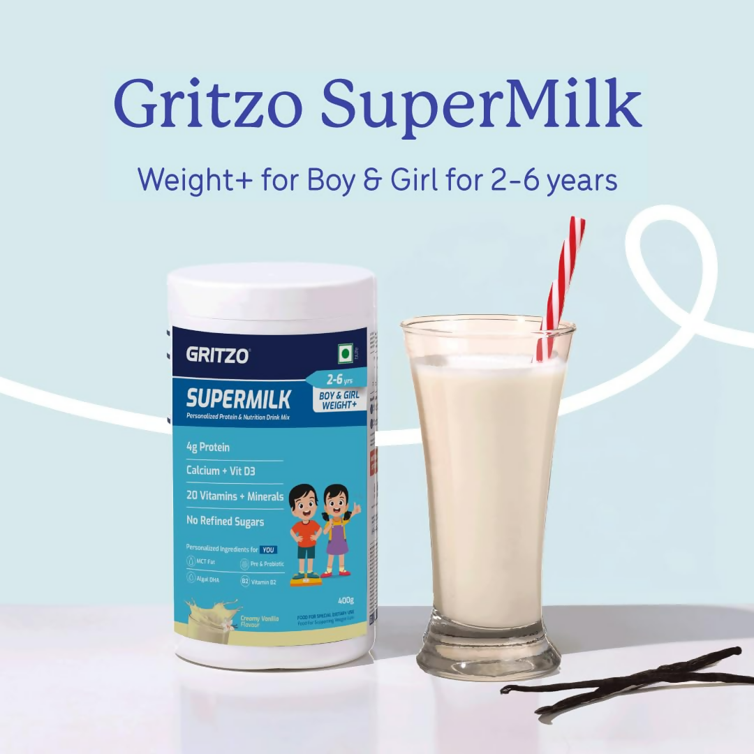 Gritzo SuperMilk Weight+ (2-6y Boy & Girl), 4g Protein Powder - Creamy Vanilla | Grocsy