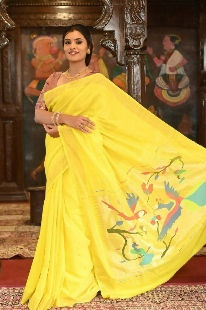 Very Much Indian Handloom Pure Cotton Paithani-Lime Yellow | Grocsy