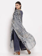 Myshka Women's Grey Cotton Solid 3/4 Sleeve V Neck Casual Kurta Palazzo Dupatta Set | Grocsy