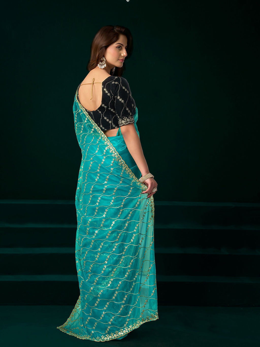 Joban Fashion Turquoise Net Party Wear Sarees | Grocsy