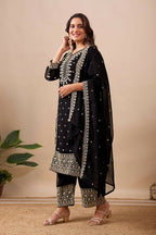 Joban Fashion Black Kurta Set Velvet Embroidery Sequence Work | Grocsy