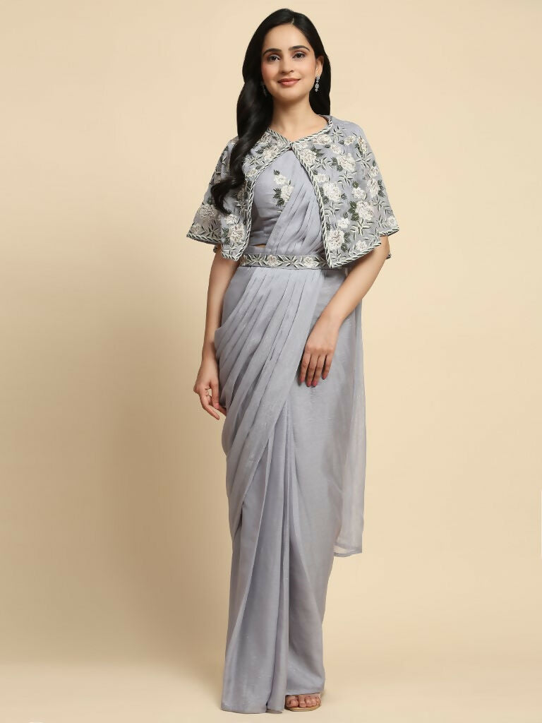 Grey Chiffon Solid Ready to wear Saree with stitched Blouse - Aayan | Grocsy