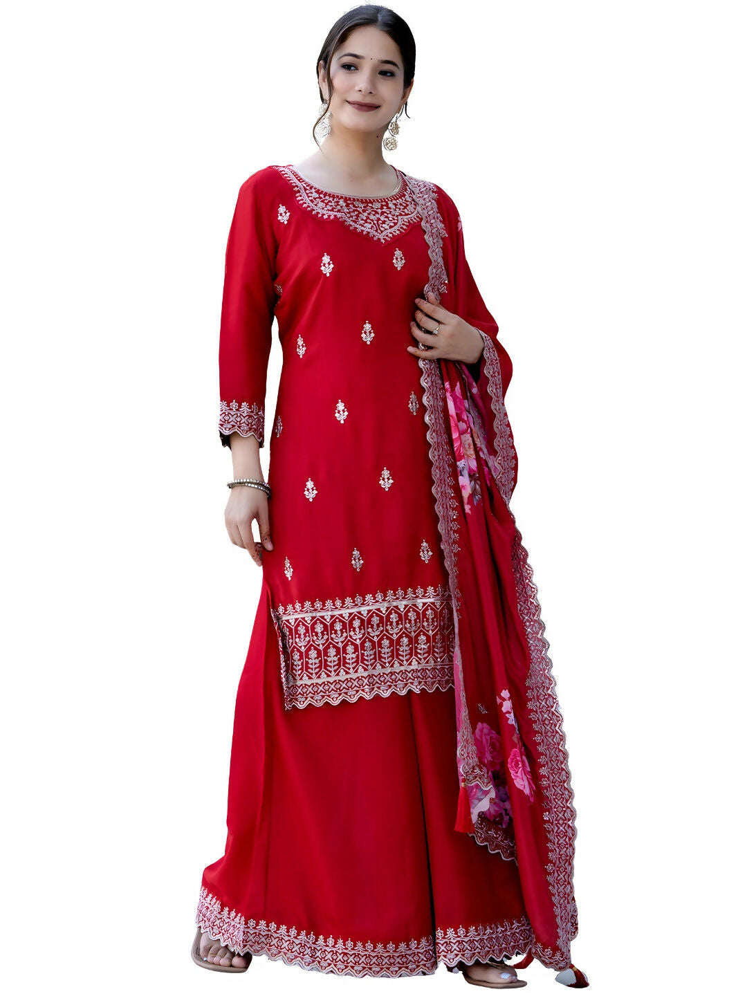 The52 Red Women's Gorgeous Embroidered Vichitra Silk Fabric Straight Kurta, Sharara and Dupatta Set | Grocsy