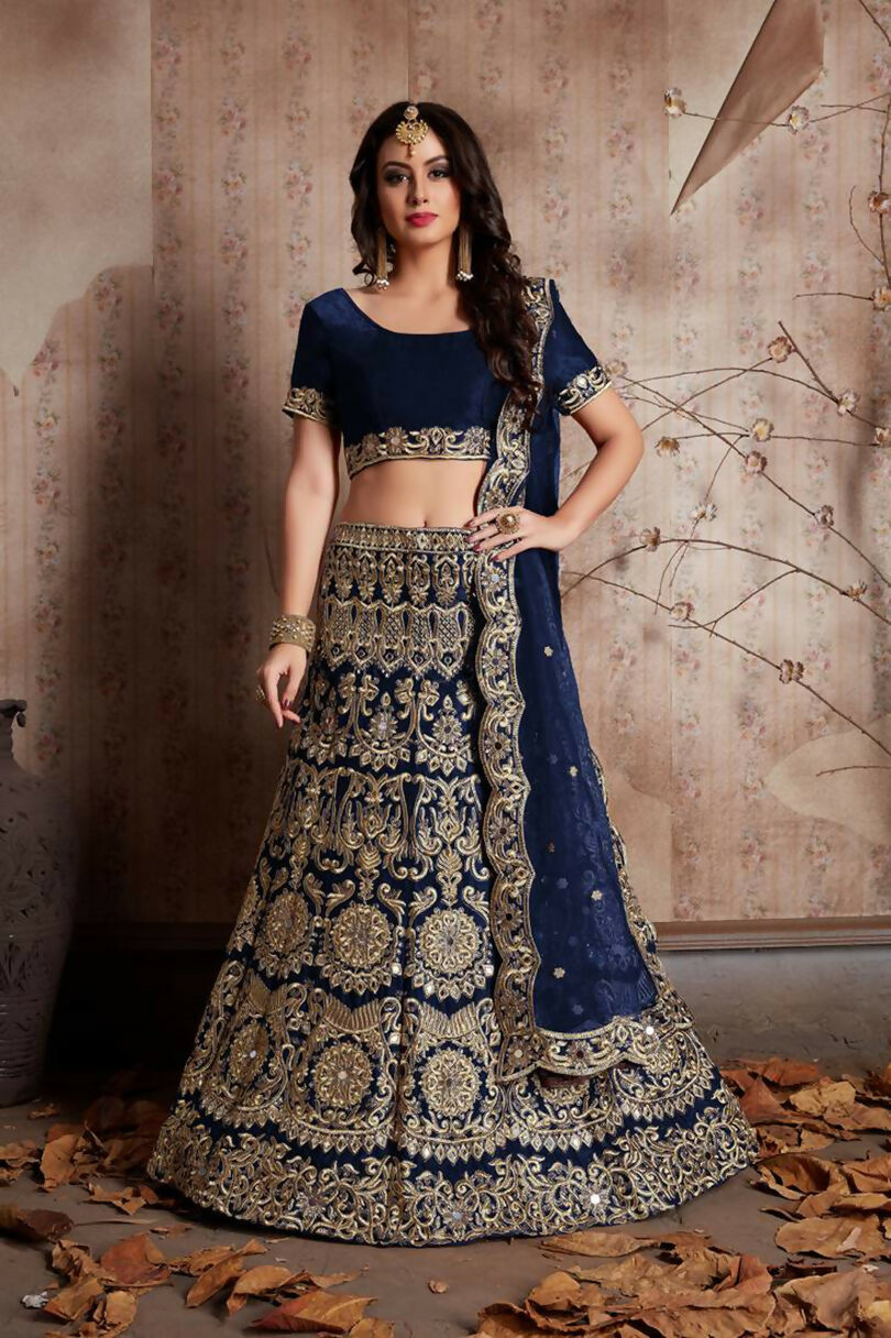 Jyoti Fashion Mesmerizing Navy Blue Sequins Embroidered Velvet Lehenga Choli with Dupatta | Grocsy