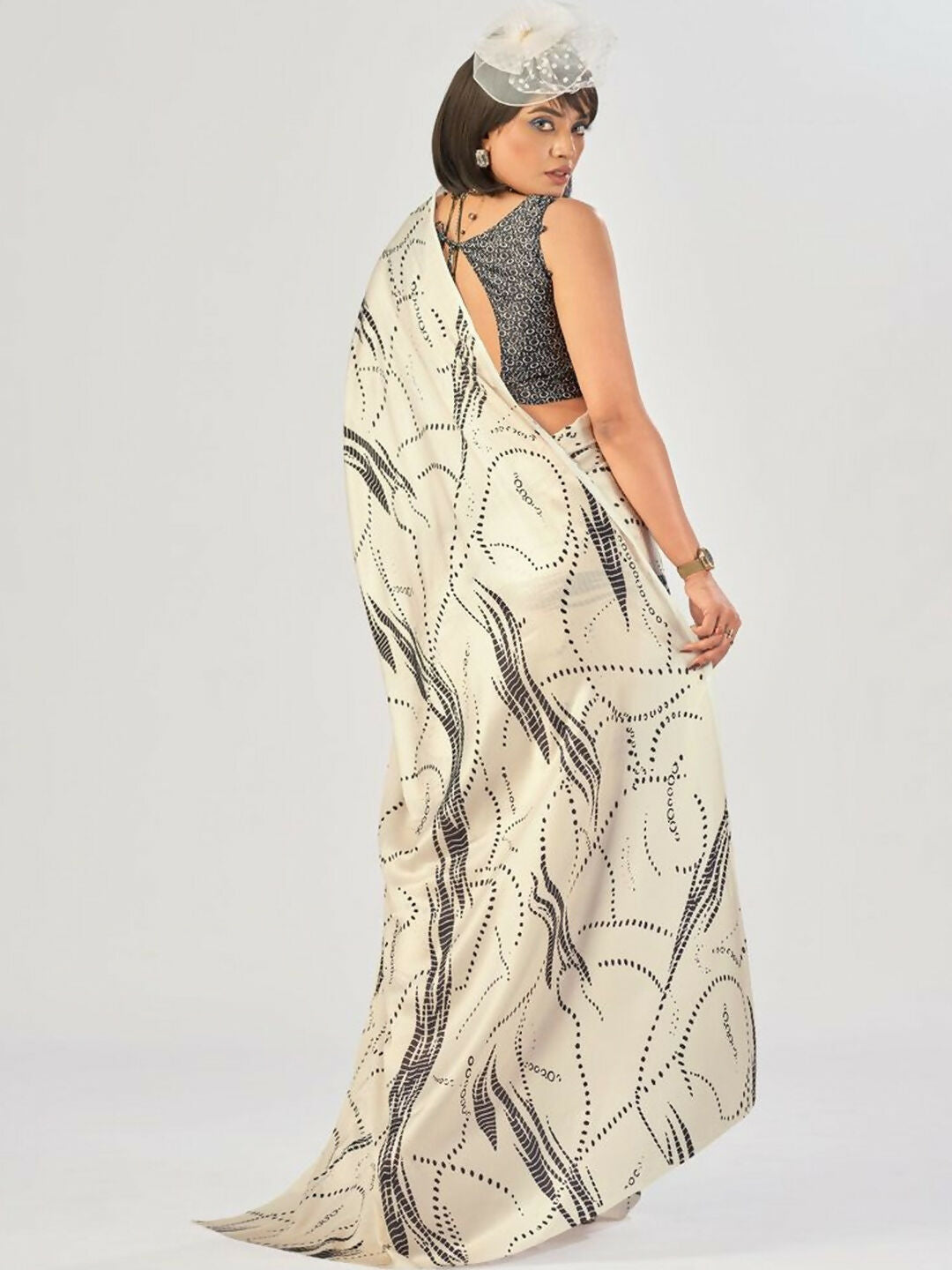 Vastranavya Off White Satin Silk Elegant Printed Saree with Unstitched Blouse | Grocsy