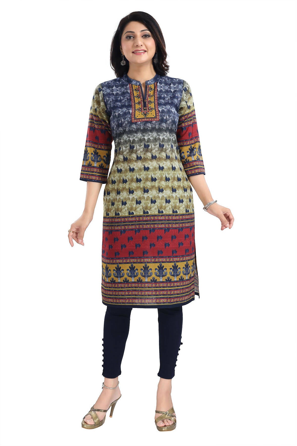 Snehal Creations Multicolored Designer Digital Print Cotton Slub Fabric Long Kurti Tunic | Grocsy