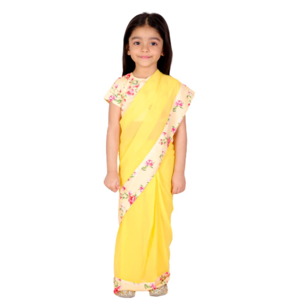 Little Bansi Girls Yellow Color 90's Era Saree with Silk Floral Blouse | Grocsy