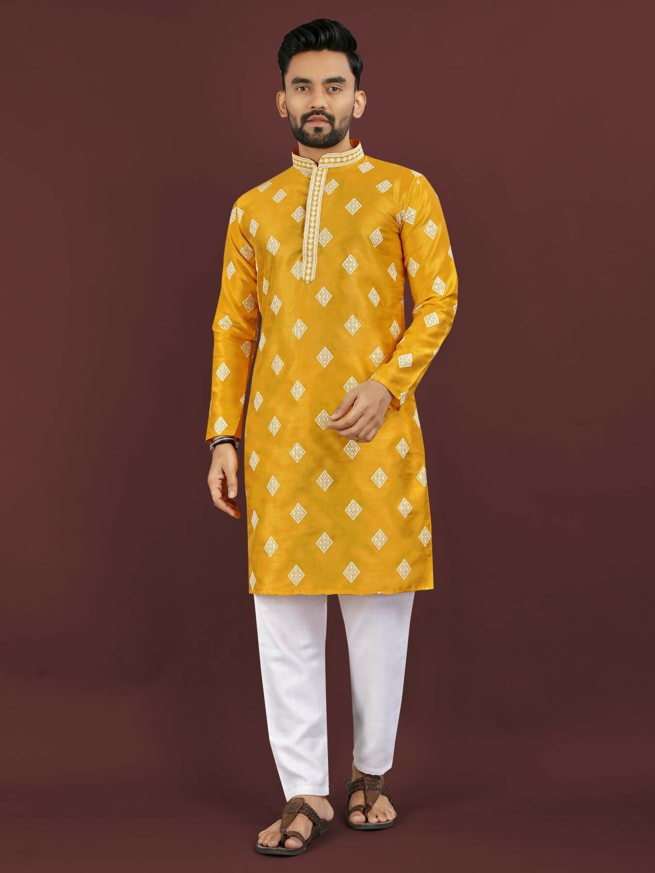 Anaita Yellow Embroidered Silk Straight Kurta | Grocsy
