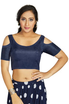 Aastha Fashion Women's Navy Blue Art Silk Cold Shoulder Sleeve Readymade Blouse | Grocsy